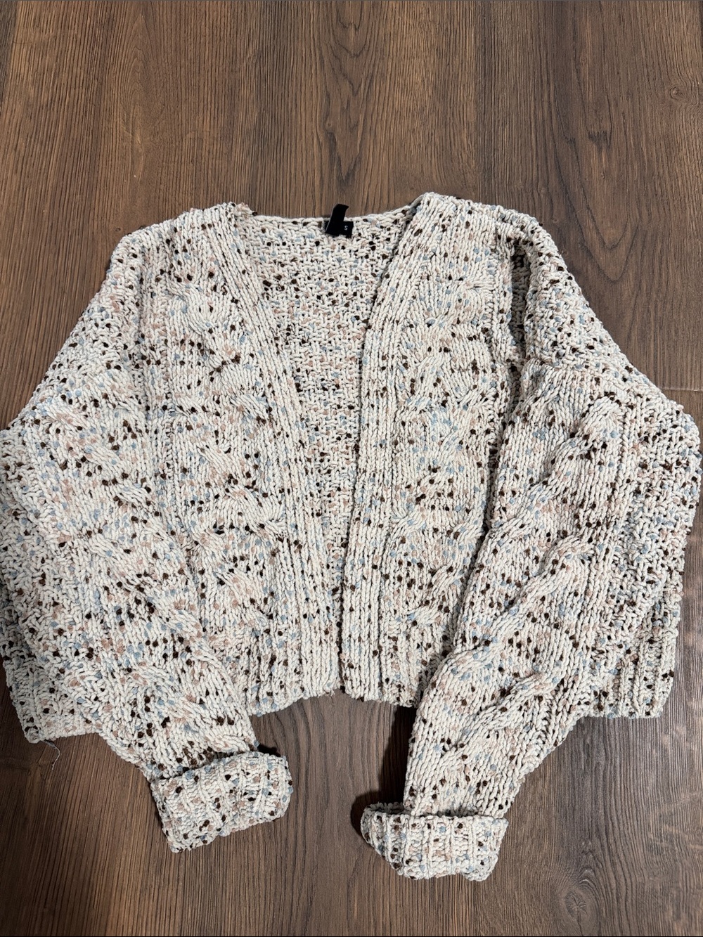 moon & madison Cream Speckled Open-Knit Cropped Cardigan